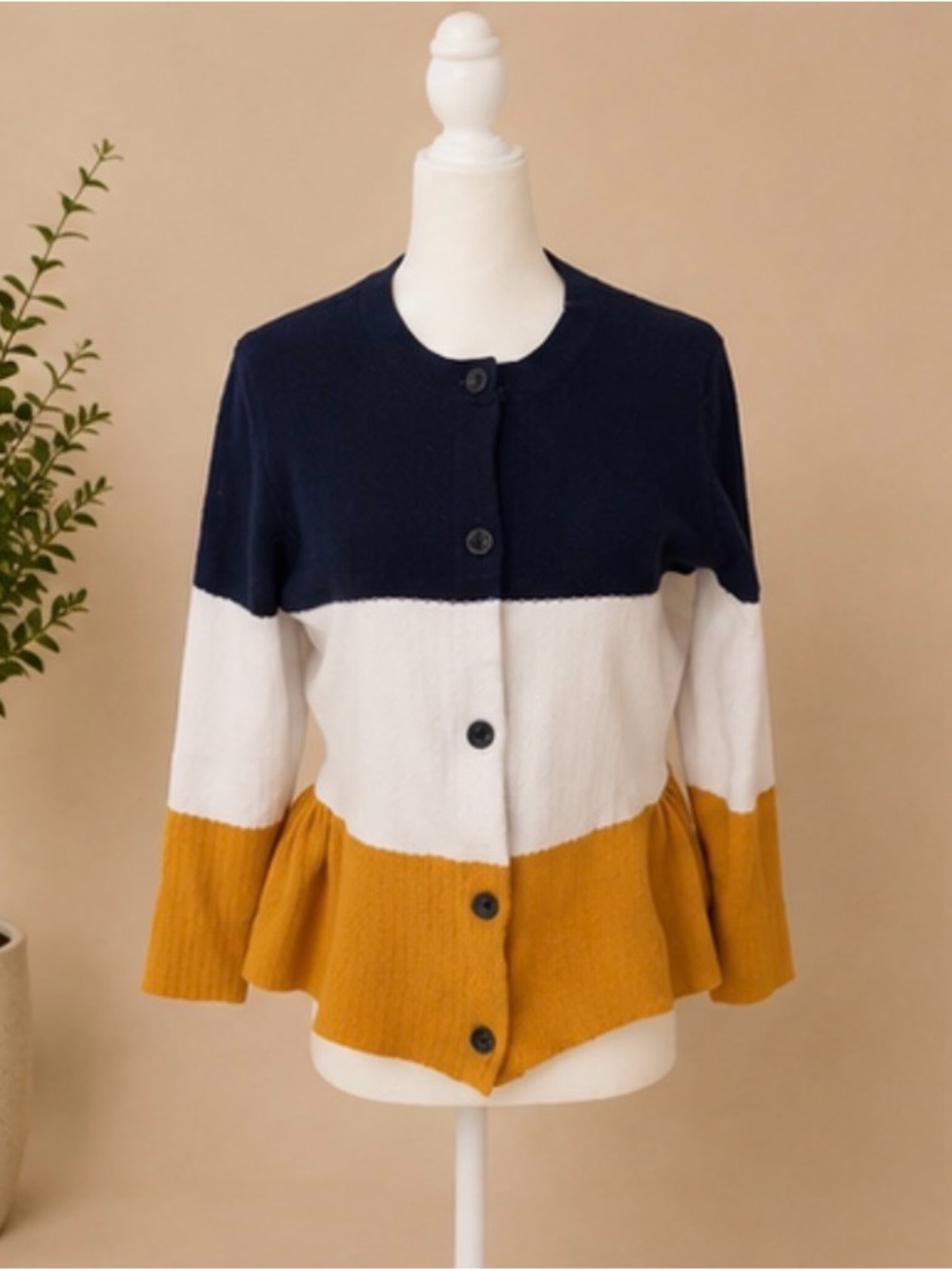 Ann Taylor Navy, White & Mustard Colorblock Peplum Top